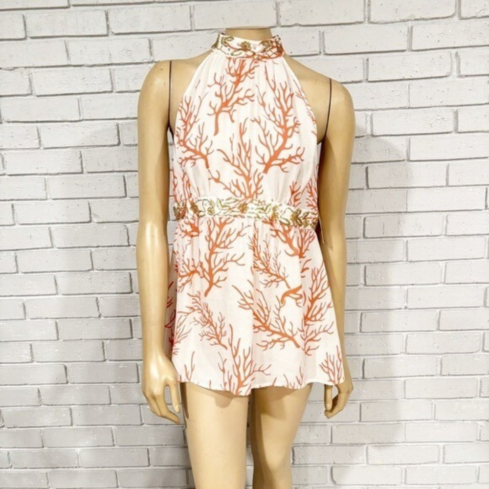 Michael Kors Coral White Beaded Halter Top Boho Resort NWT Size 12